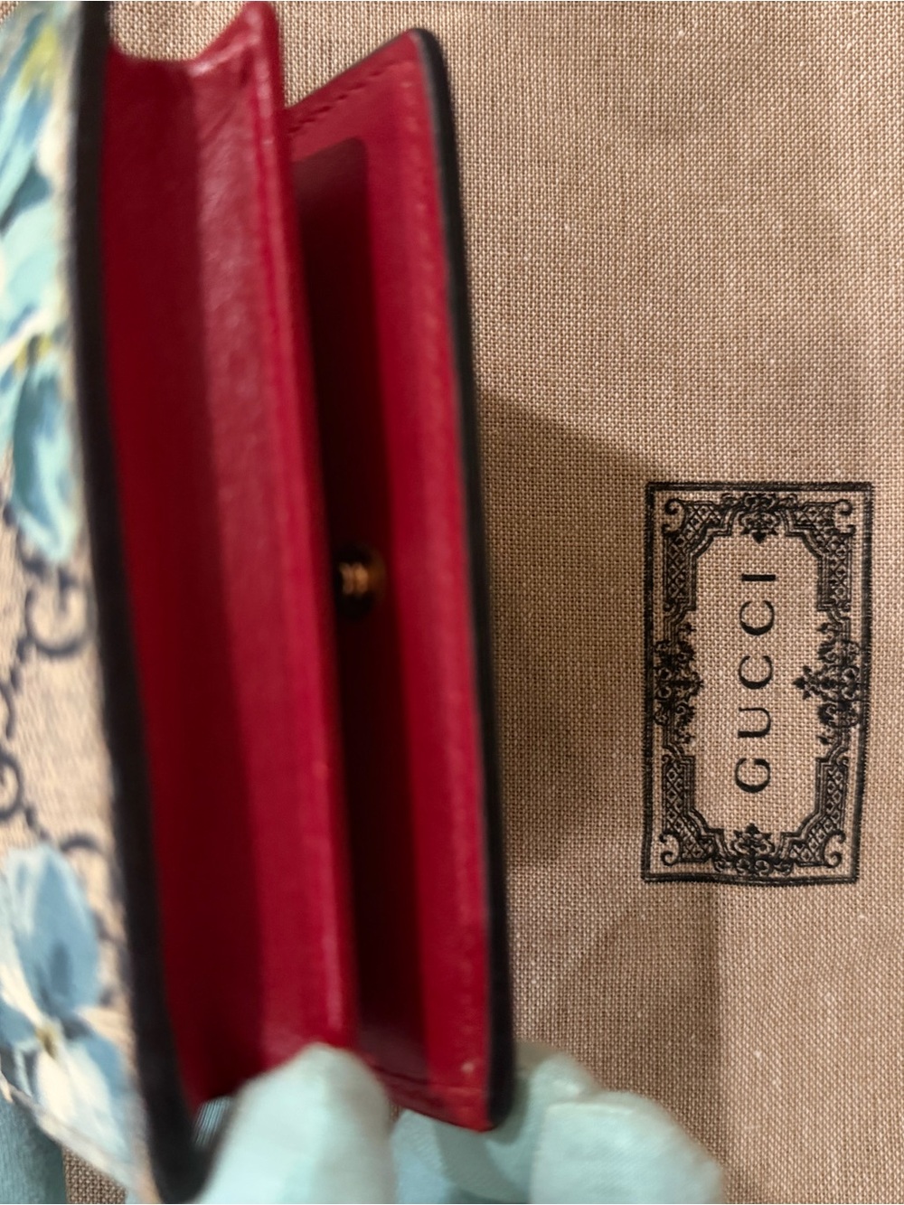 Gucci Floral Small Wallet with Blue Flower Print and Red Interior